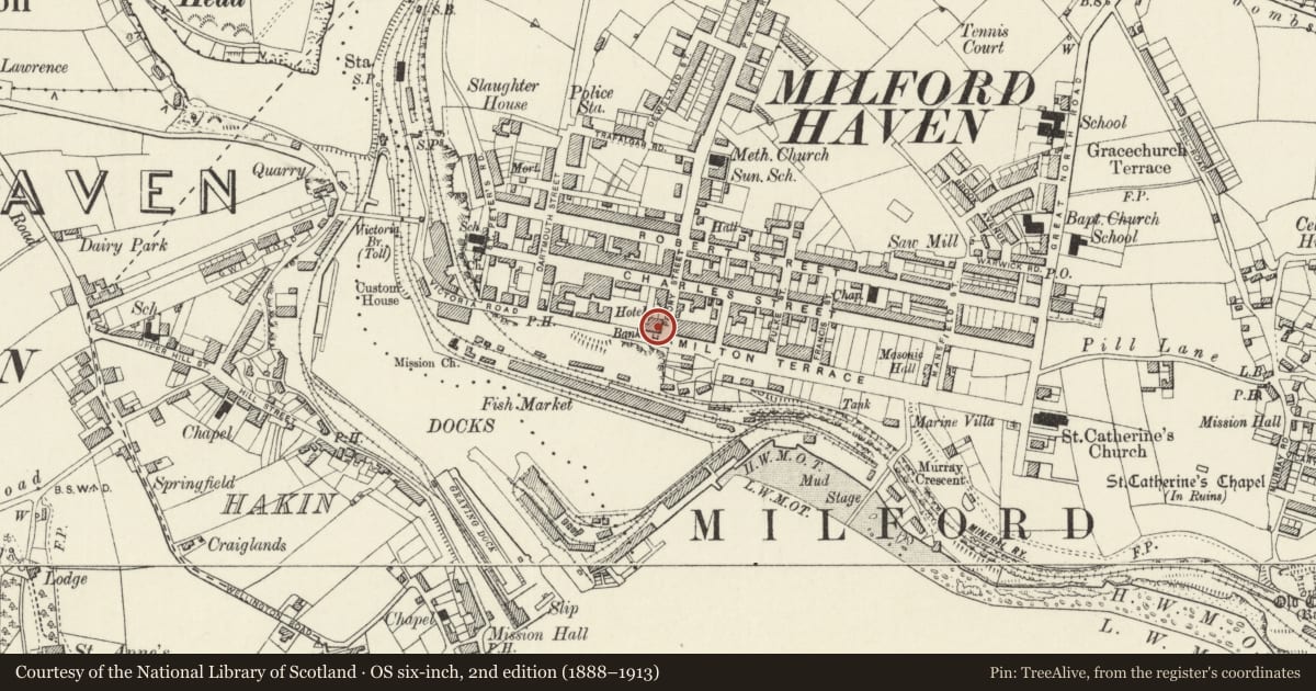 Ordnance Survey six-inch map, 2nd edition (1888–1913) covering the location of 14 Hamilton Terrace, Milford Haven, Pembrokeshire, with a pin at the register's coordinates