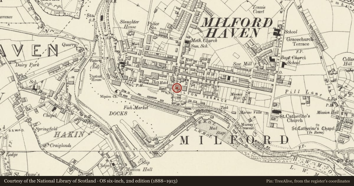 Ordnance Survey six-inch map, 2nd edition (1888–1913) covering the location of Barclays Bank, Milford Haven, Pembrokeshire, with a pin at the register's coordinates