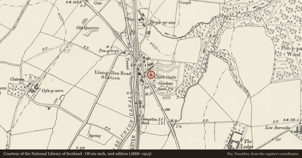 Ordnance Survey six-inch map, 2nd edition (1888–1913) covering the location of Queen Anne's Cottage, Chirk, Wrexham, with a pin at the register's coordinates