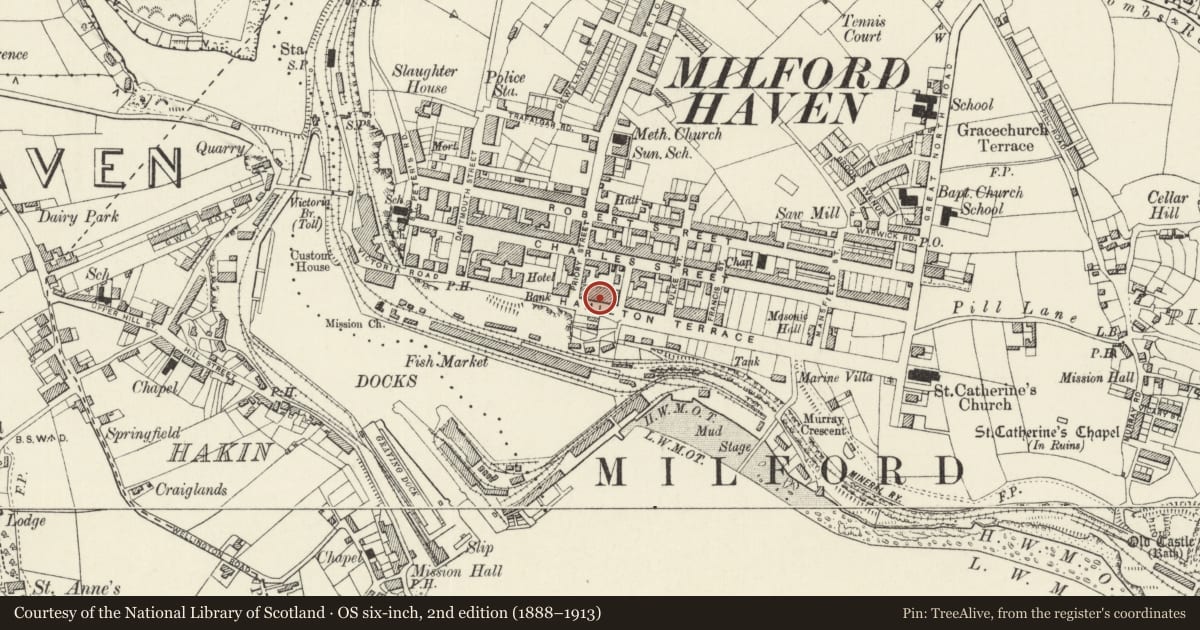 Ordnance Survey six-inch map, 2nd edition (1888–1913) covering the location of No.18, including area railings, Milford Haven, Pembrokeshire, with a pin at the register's coordinates