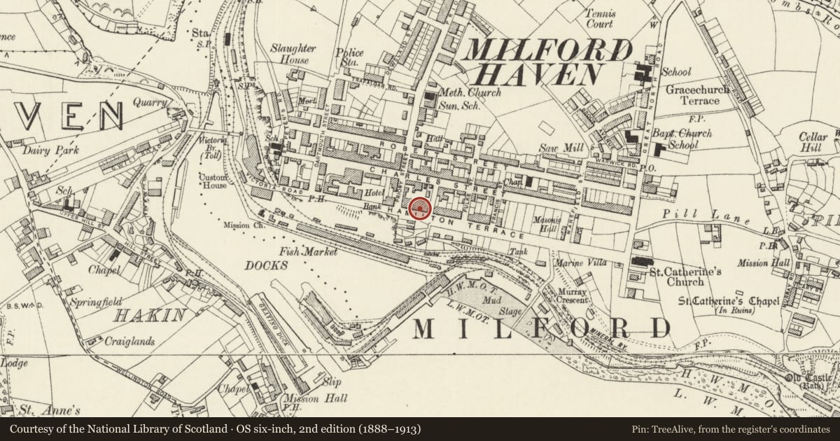 Ordnance Survey six-inch map, 2nd edition (1888–1913) covering the location of 19 Hamilton Terrace, Milford Haven, Pembrokeshire, with a pin at the register's coordinates