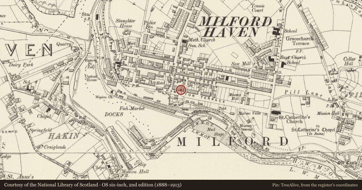 Ordnance Survey six-inch map, 2nd edition (1888–1913) covering the location of 20 Hamilton Terrace, Milford Haven, Pembrokeshire, with a pin at the register's coordinates