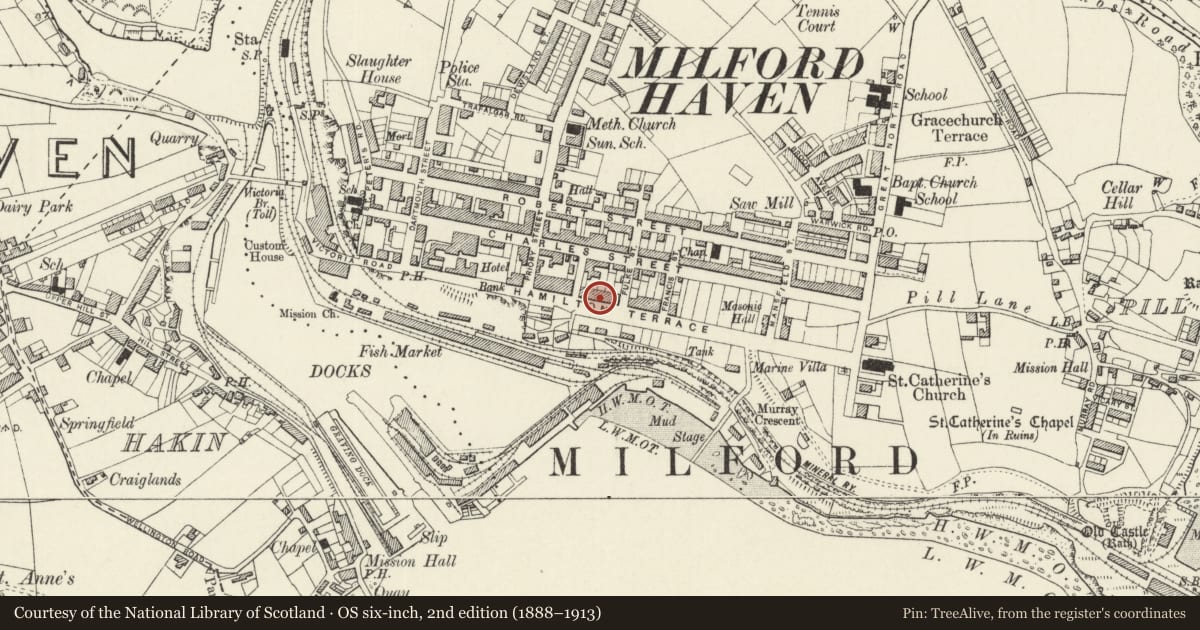 Ordnance Survey six-inch map, 2nd edition (1888–1913) covering the location of Barrallier House, Milford Haven, Pembrokeshire, with a pin at the register's coordinates