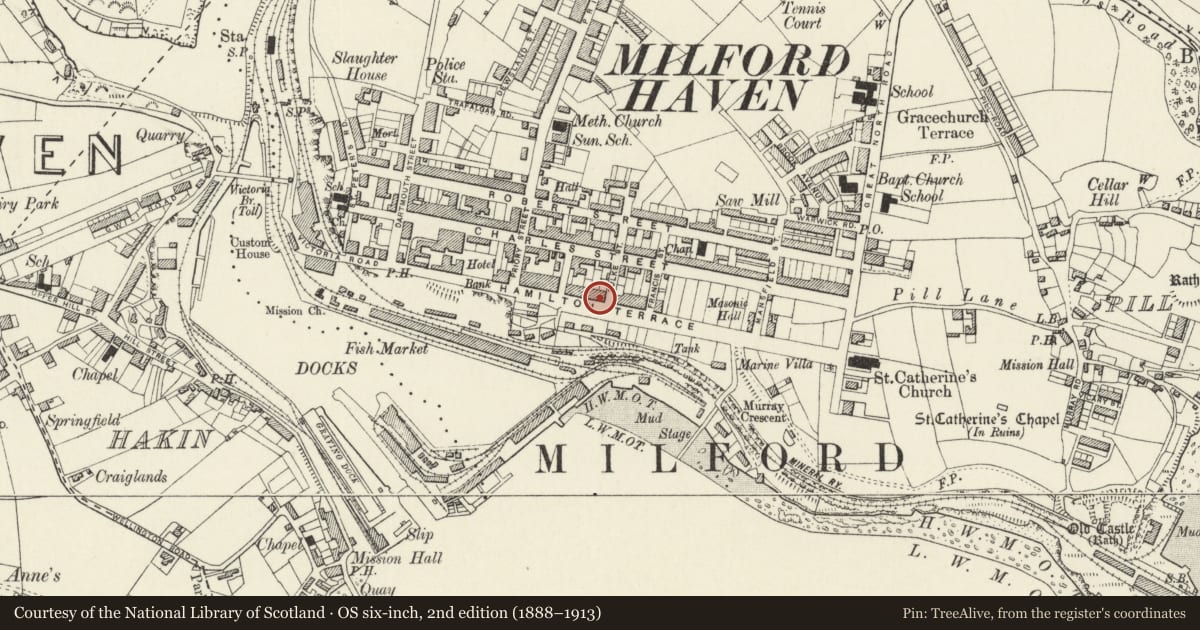 Ordnance Survey six-inch map, 2nd edition (1888–1913) covering the location of 26 Hamilton Terract, Milford Haven, Pembrokeshire, with a pin at the register's coordinates