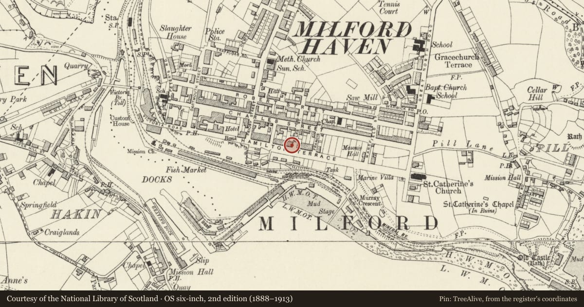 Ordnance Survey six-inch map, 2nd edition (1888–1913) covering the location of 26A Hamilton Terrace, Milford Haven, Pembrokeshire, with a pin at the register's coordinates