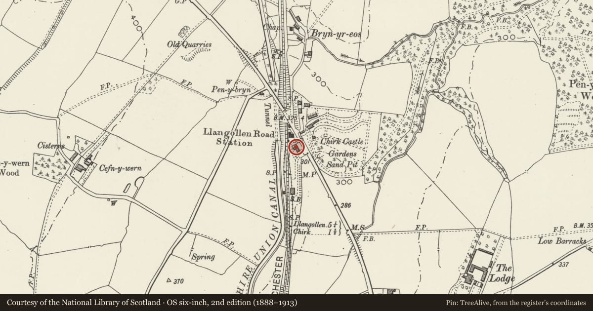 Ordnance Survey six-inch map, 2nd edition (1888–1913) covering the location of Drumore, Chirk, Wrexham, with a pin at the register's coordinates