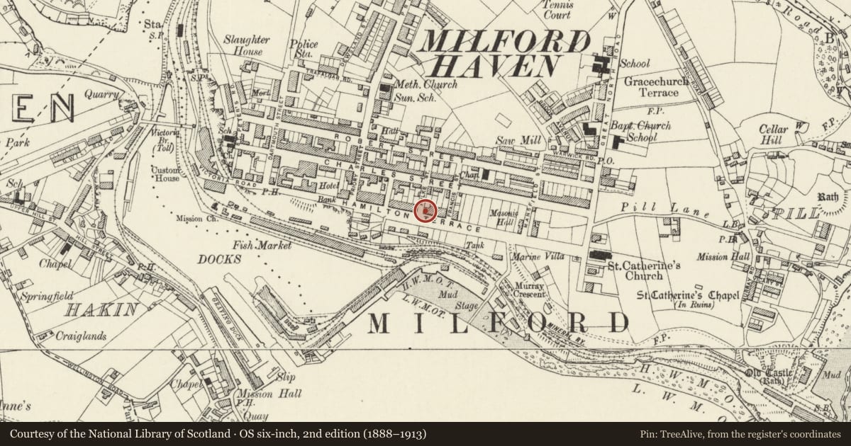 Ordnance Survey six-inch map, 2nd edition (1888–1913) covering the location of 27 Hamilton Terrace, Milford Haven, Pembrokeshire, with a pin at the register's coordinates