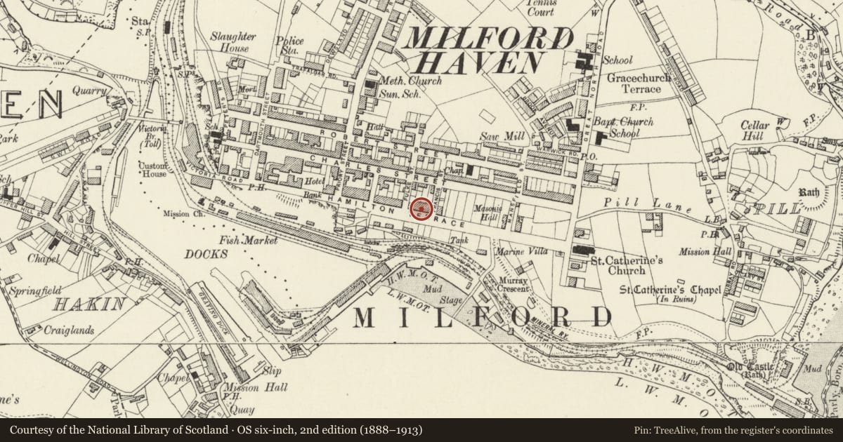 Ordnance Survey six-inch map, 2nd edition (1888–1913) covering the location of 30 Hamilton Terrace, Milford Haven, Pembrokeshire, with a pin at the register's coordinates