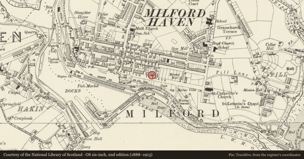 Ordnance Survey six-inch map, 2nd edition (1888–1913) covering the location of 31 Hamilton Terrace, Milford Haven, Pembrokeshire, with a pin at the register's coordinates