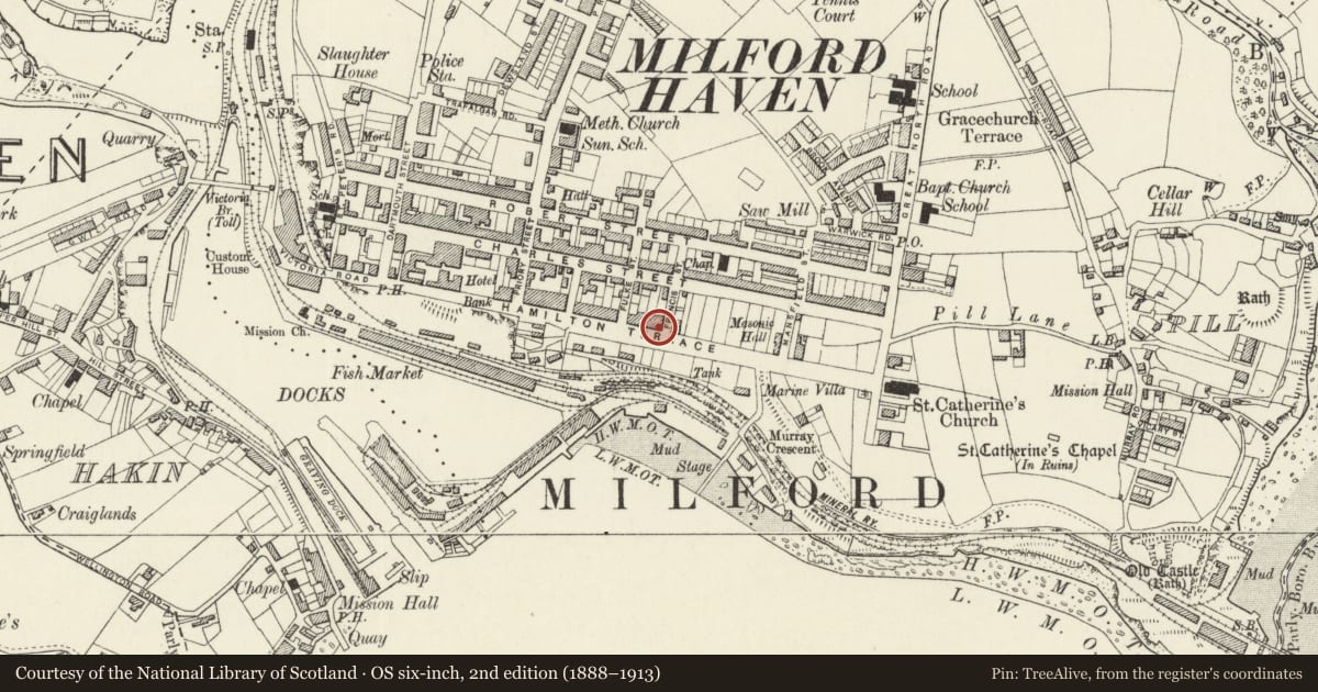 Ordnance Survey six-inch map, 2nd edition (1888–1913) covering the location of 32 Hamilton Terrace, Milford Haven, Pembrokeshire, with a pin at the register's coordinates