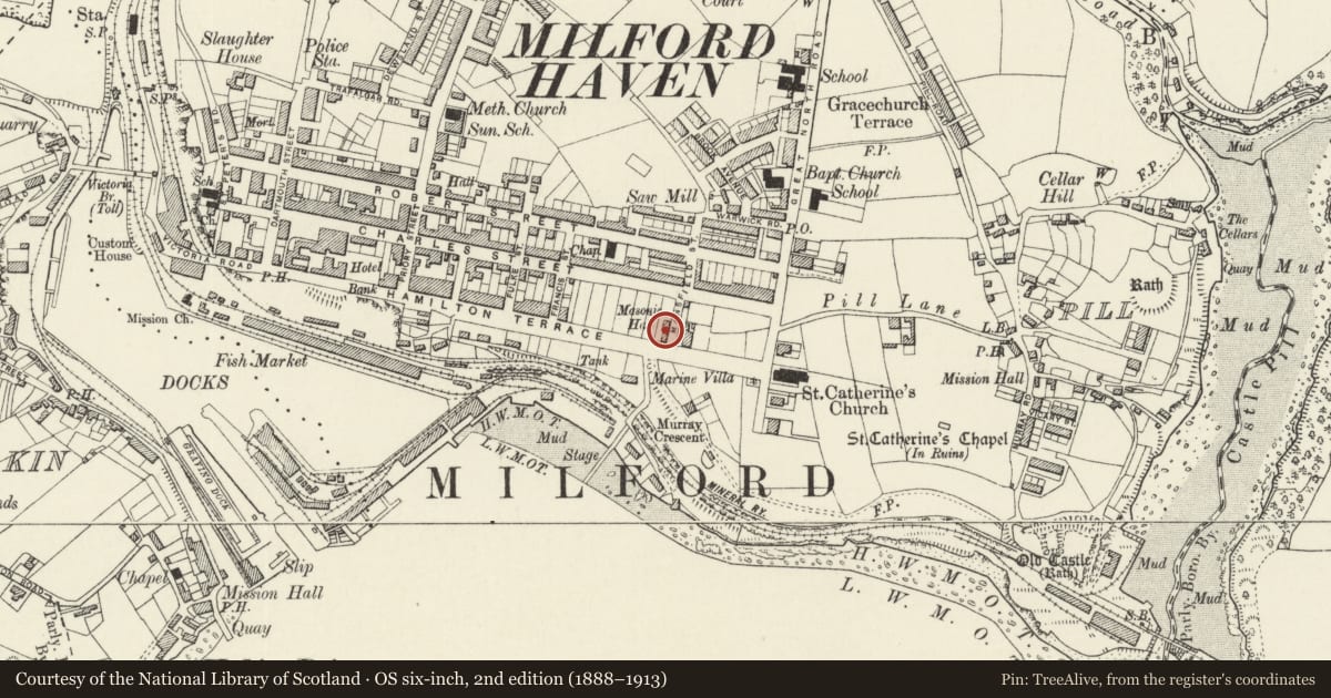 Ordnance Survey six-inch map, 2nd edition (1888–1913) covering the location of The Masonic Hall, Milford Haven, Pembrokeshire, with a pin at the register's coordinates