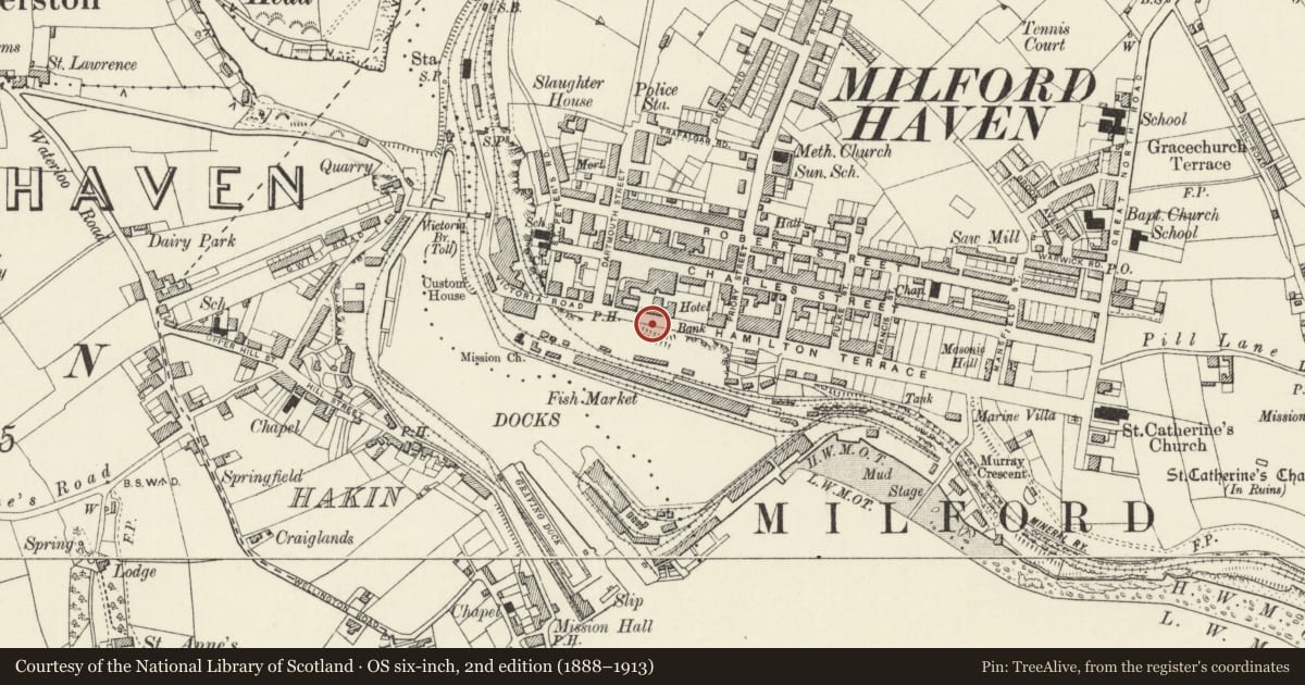 Ordnance Survey six-inch map, 2nd edition (1888–1913) covering the location of Terrace Wall in Front of Lord Nelson Hotel, Milford Haven, Pembrokeshire, with a pin at the register's coordinates
