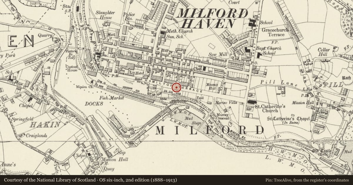 Ordnance Survey six-inch map, 2nd edition (1888–1913) covering the location of The War Memorial, Milford Haven, Pembrokeshire, with a pin at the register's coordinates