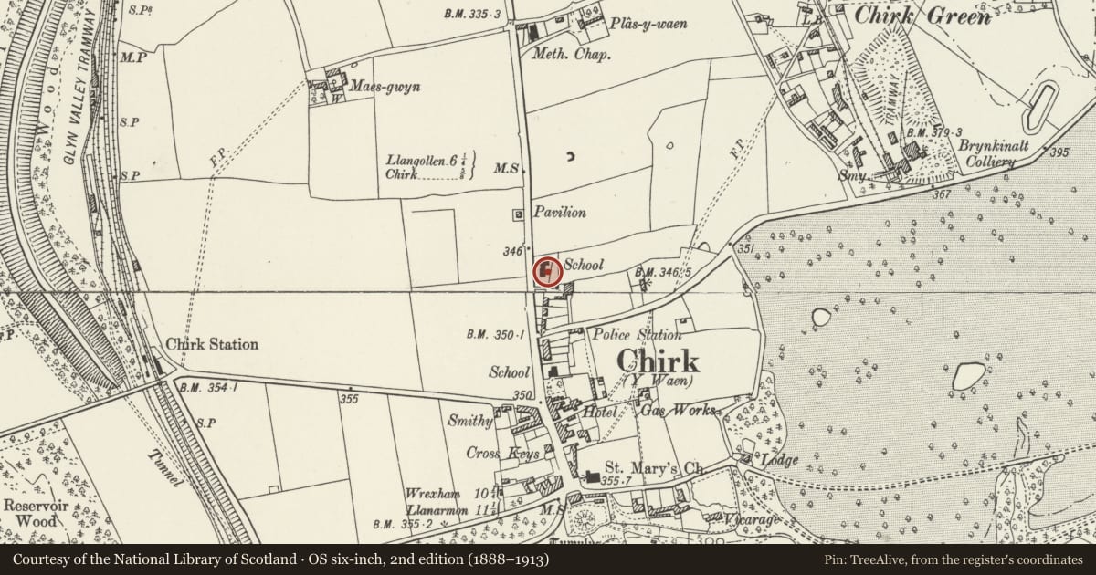 Ordnance Survey six-inch map, 2nd edition (1888–1913) covering the location of Chirk Furniture and Carpet Centre and Dwelling, Wrexham, with a pin at the register's coordinates