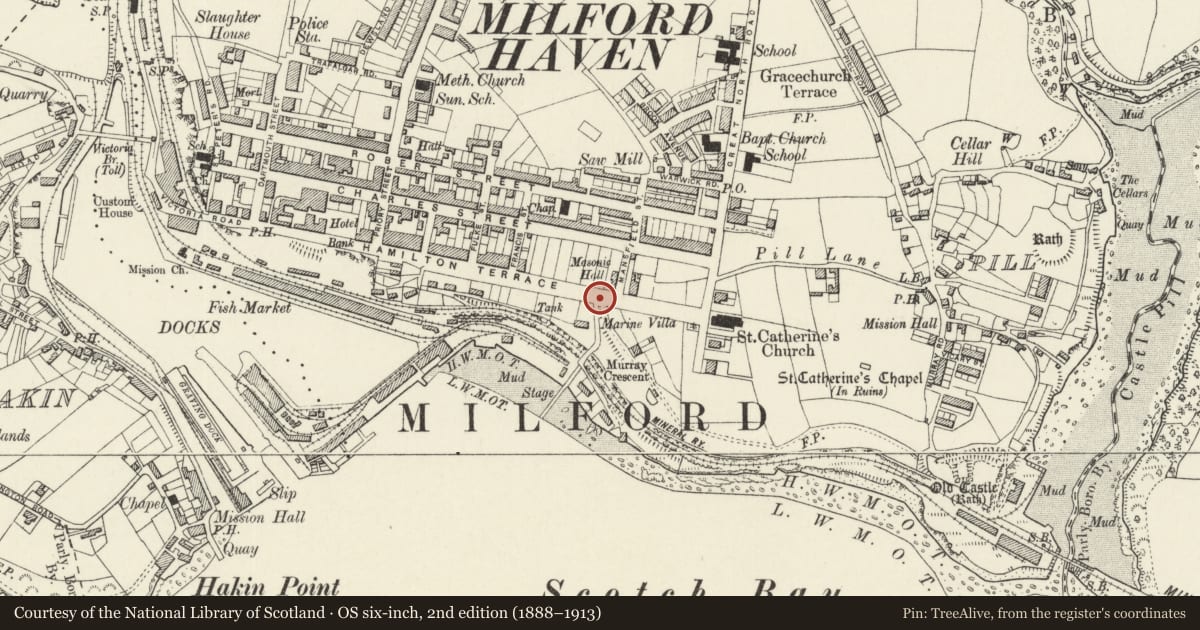 Ordnance Survey six-inch map, 2nd edition (1888–1913) covering the location of The Belgian War Memorial, Milford Haven, Pembrokeshire, with a pin at the register's coordinates