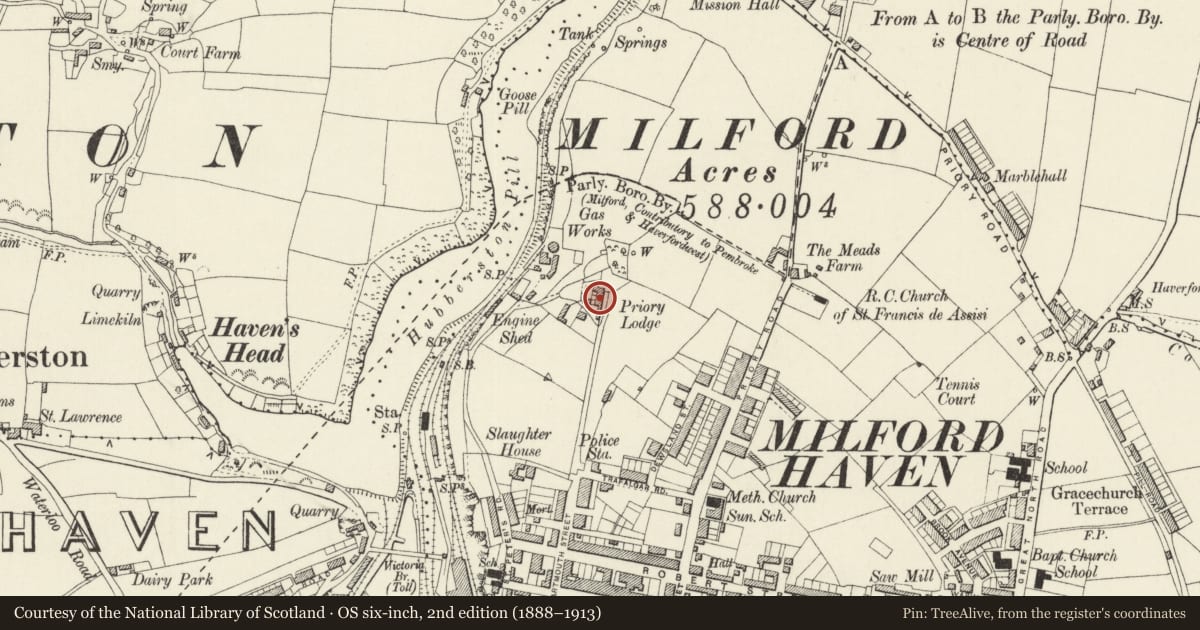 Ordnance Survey six-inch map, 2nd edition (1888–1913) covering the location of Priory Lodge, Milford Haven, Pembrokeshire, with a pin at the register's coordinates
