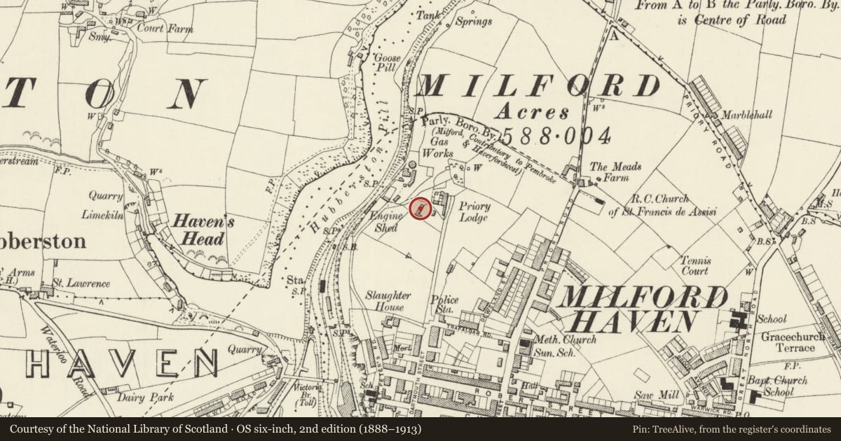 Ordnance Survey six-inch map, 2nd edition (1888–1913) covering the location of Former Coach House at Priory Lodge, Milford Haven, Pembrokeshire, with a pin at the register's coordinates