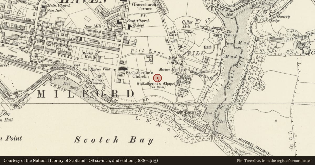 Ordnance Survey six-inch map, 2nd edition (1888–1913) covering the location of Church of St Thomas A Beckett, Milford Haven, Pembrokeshire, with a pin at the register's coordinates