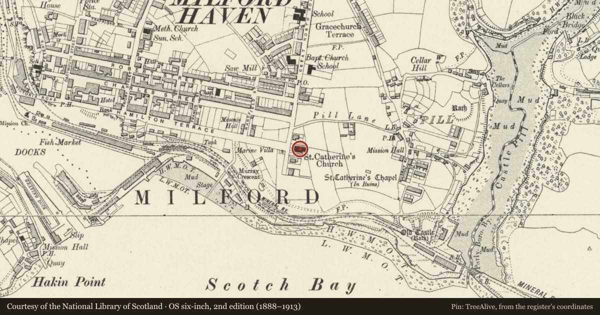 Ordnance Survey six-inch map, 2nd edition (1888–1913) covering the location of Church of St Katharine, Milford Haven, Pembrokeshire, with a pin at the register's coordinates