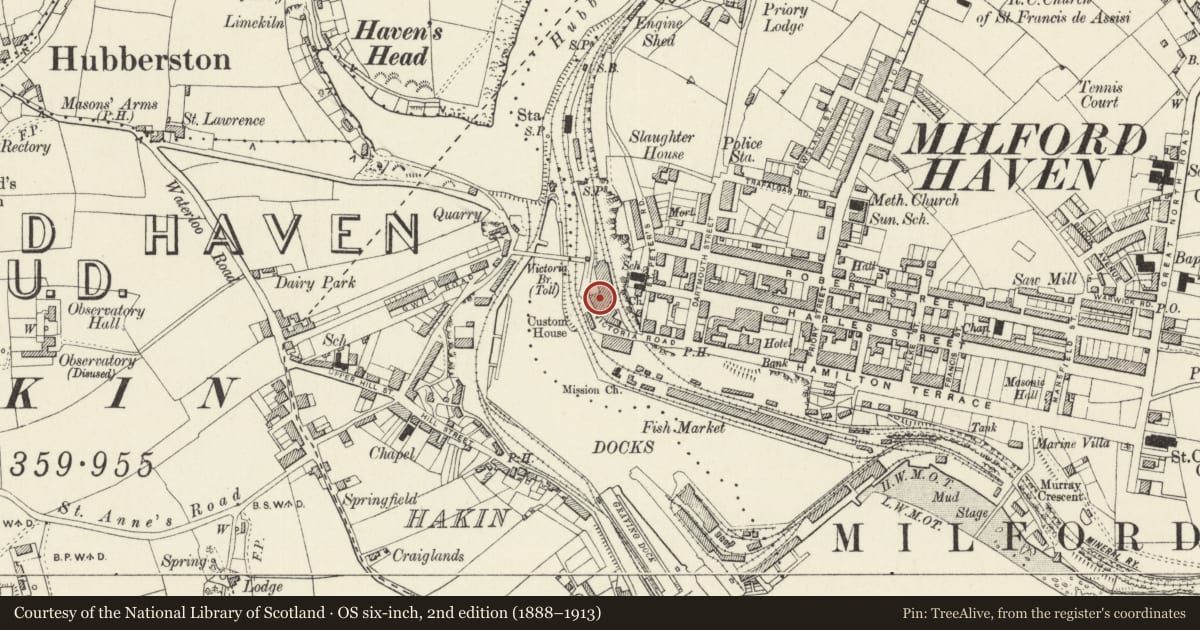 Ordnance Survey six-inch map, 2nd edition (1888–1913) covering the location of Quay Stores, Milford Haven, Pembrokeshire, with a pin at the register's coordinates