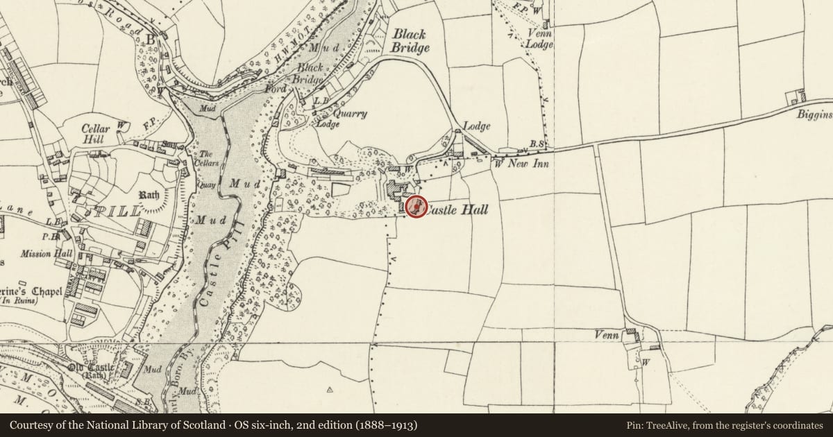 Ordnance Survey six-inch map, 2nd edition (1888–1913) covering the location of Stable Block at Castle Hall, Milford Haven, Pembrokeshire, with a pin at the register's coordinates