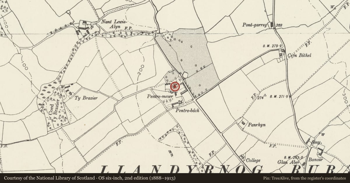 Ordnance Survey six-inch map, 2nd edition (1888–1913) covering the location of Dairy at Pentre-mawr Farm, Llandyrnog, Denbighshire, with a pin at the register's coordinates