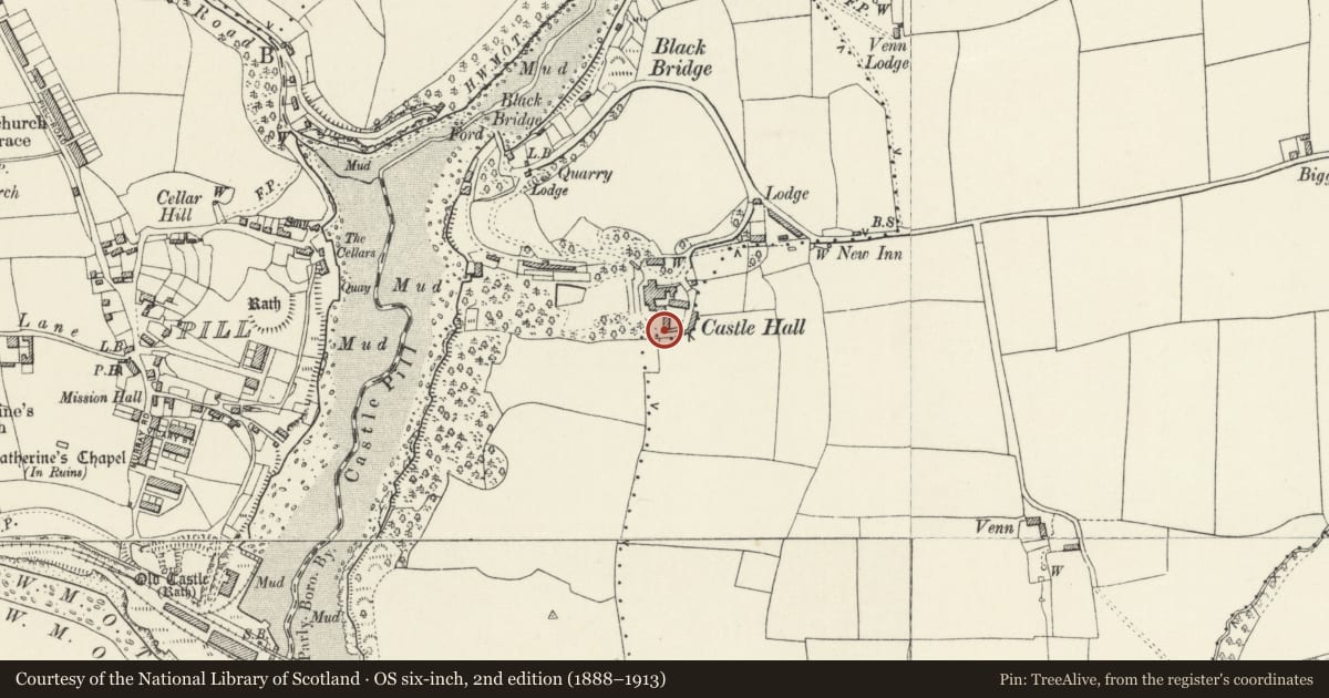 Ordnance Survey six-inch map, 2nd edition (1888–1913) covering the location of Arched Entry to S.of Castle Hall House, Milford Haven, Pembrokeshire, with a pin at the register's coordinates