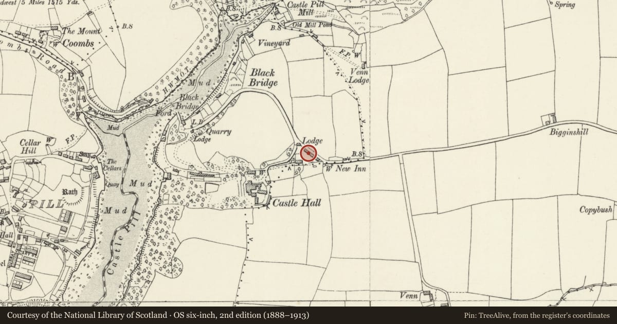 Ordnance Survey six-inch map, 2nd edition (1888–1913) covering the location of Barn at Castle Hall Farm, Milford Haven, Pembrokeshire, with a pin at the register's coordinates
