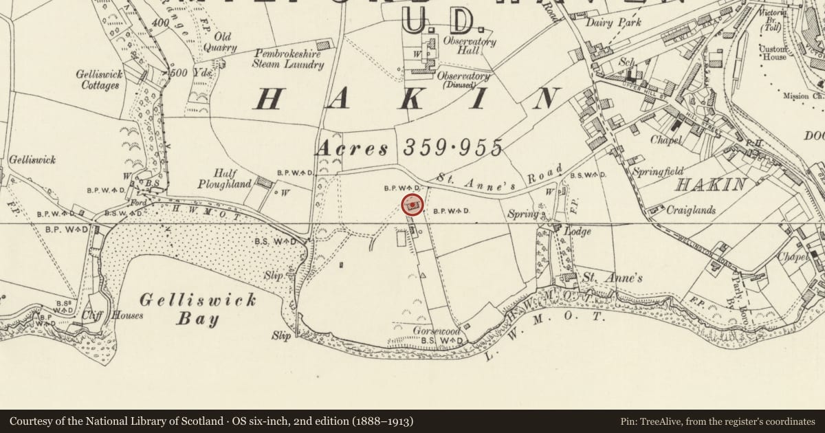 Ordnance Survey six-inch map, 2nd edition (1888–1913) covering the location of Telegraph Cottage, Milford Haven, Pembrokeshire, with a pin at the register's coordinates