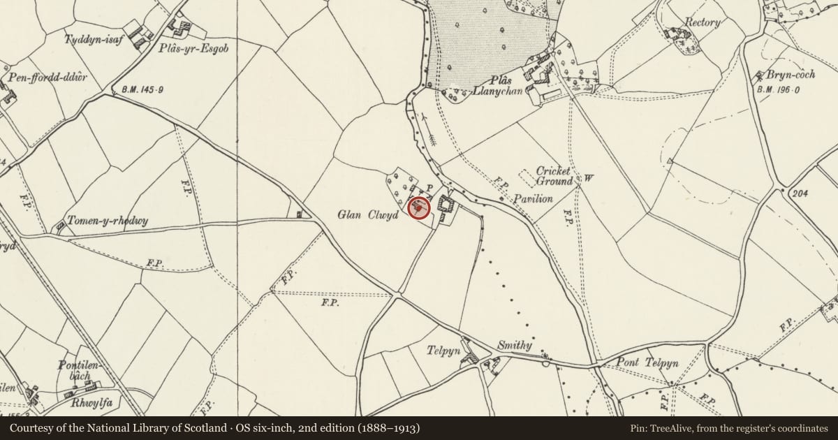 Ordnance Survey six-inch map, 2nd edition (1888–1913) covering the location of Glan Clwyd, Llanynys, Denbighshire, with a pin at the register's coordinates