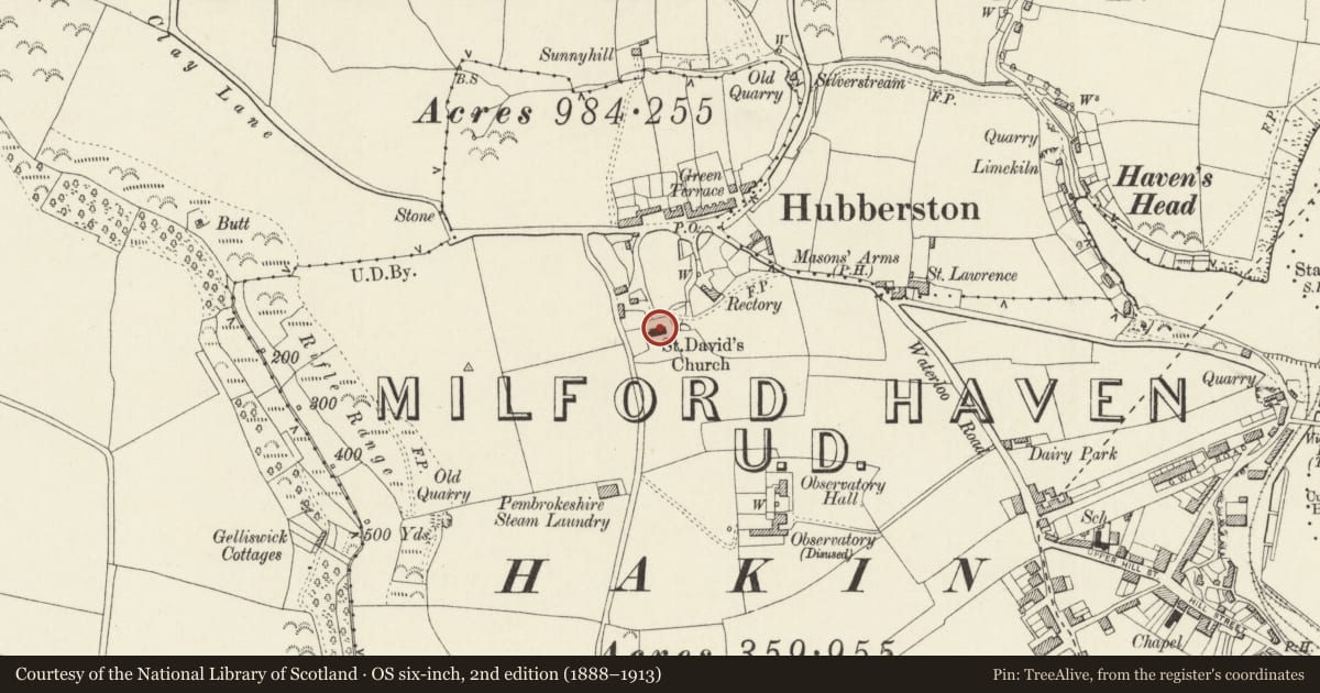 Ordnance Survey six-inch map, 2nd edition (1888–1913) covering the location of Church of St David, Milford Haven, Pembrokeshire, with a pin at the register's coordinates