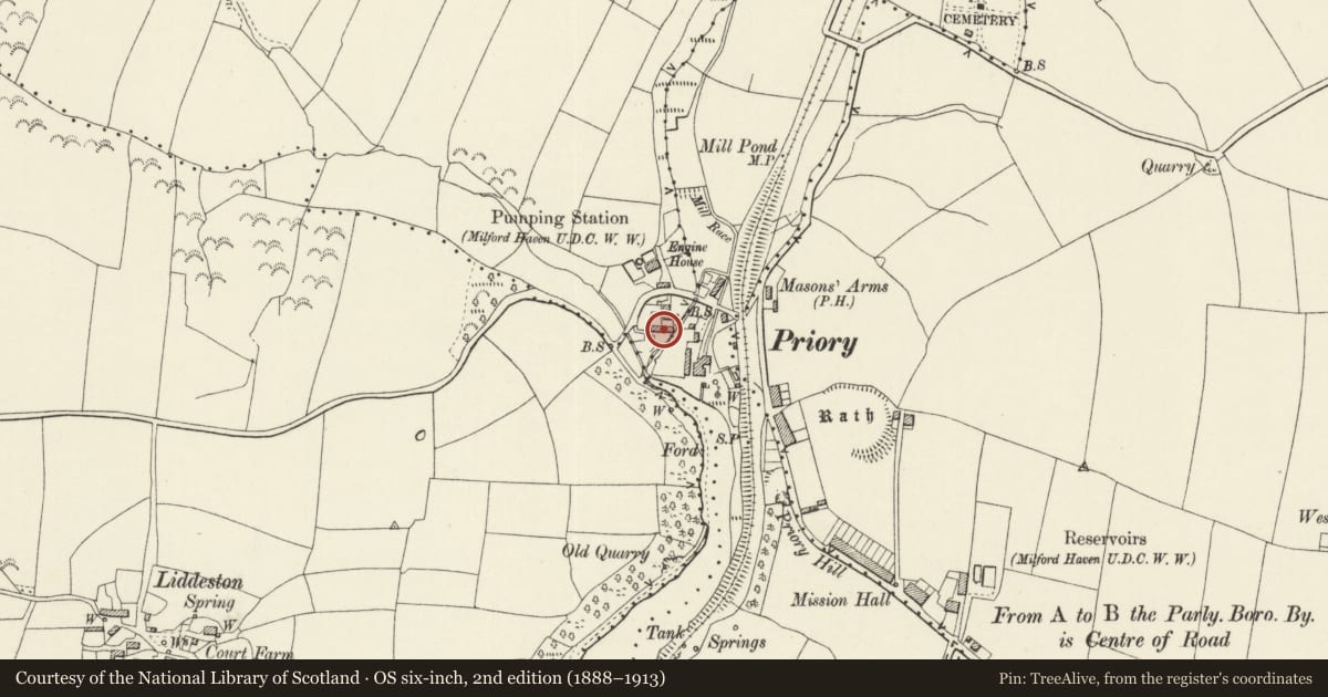 Ordnance Survey six-inch map, 2nd edition (1888–1913) covering the location of The Priory Inn (including 3 properties formerly known Priory Farmhouse, The Steps above Priory Farmh, Milford Haven, Pembrokeshire, with a pin at the register's coordinates