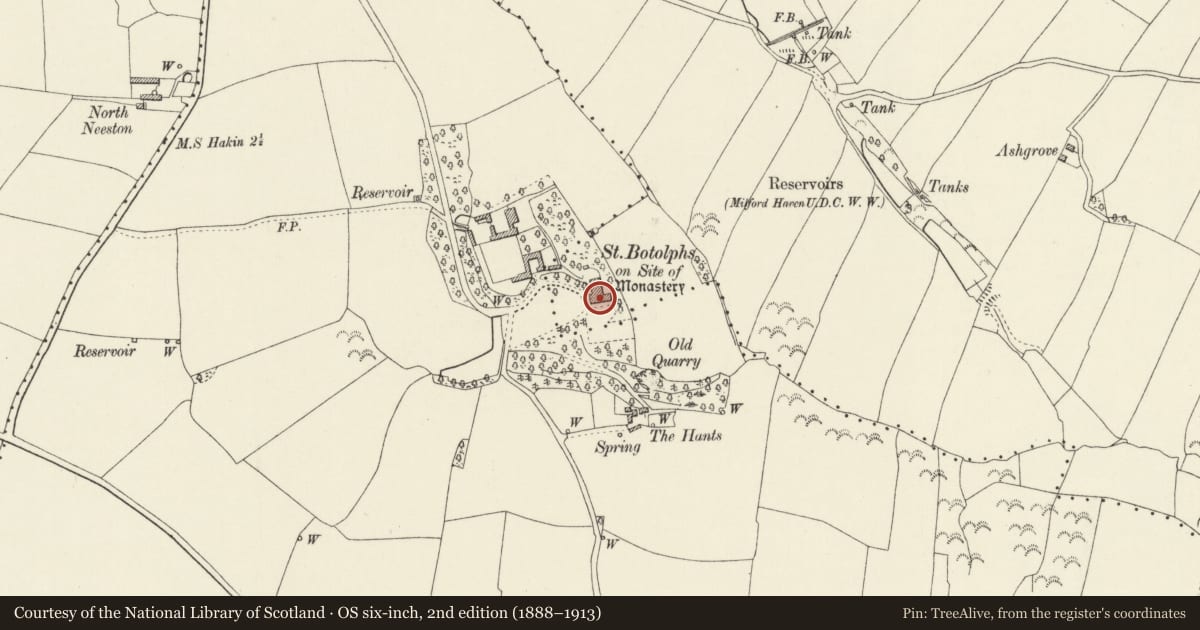 Ordnance Survey six-inch map, 2nd edition (1888–1913) covering the location of St Botolph's Mansion (previously included with list for Havarford Road), Milford Haven, Pembrokeshire, with a pin at the register's coordinates