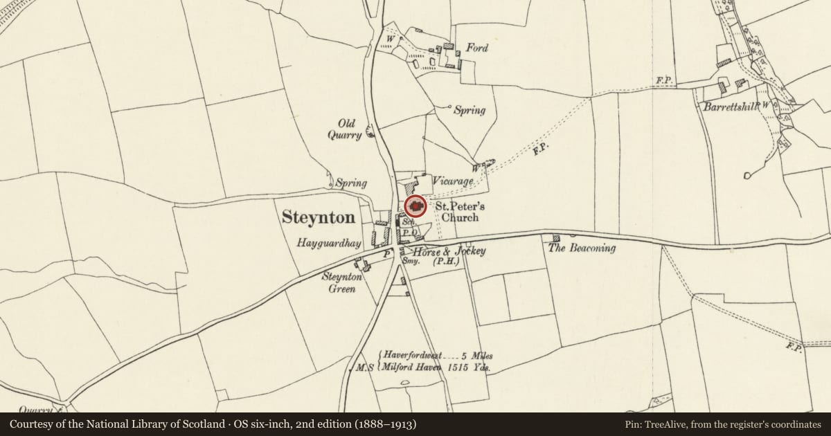 Ordnance Survey six-inch map, 2nd edition (1888–1913) covering the location of Church of St Peter & St Cewydd, Milford Haven, Pembrokeshire, with a pin at the register's coordinates