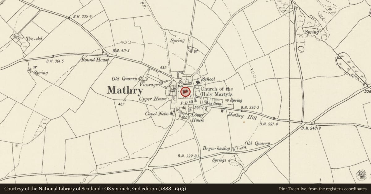 Ordnance Survey six-inch map, 2nd edition (1888–1913) covering the location of Church of the Holy Martyrs, Mathry, Pembrokeshire, with a pin at the register's coordinates