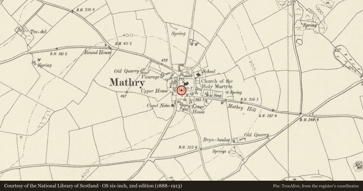 Ordnance Survey six-inch map, 2nd edition (1888–1913) covering the location of Churchyard Wall at Church of the Holy Martyrs, Mathry, Pembrokeshire, with a pin at the register's coordinates