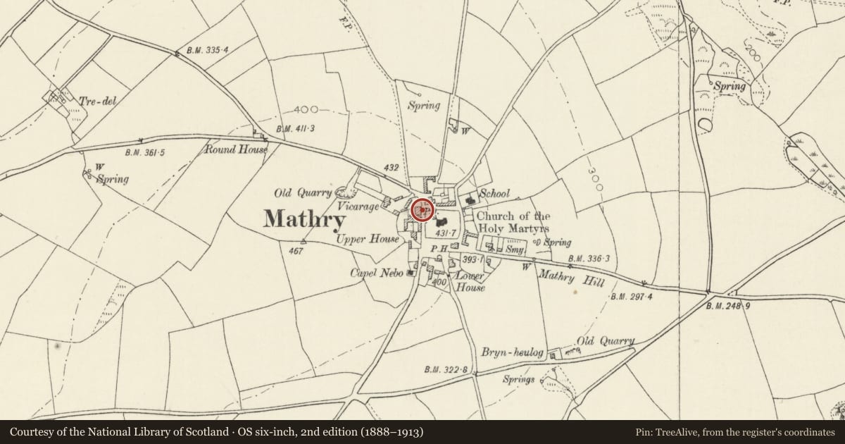 Ordnance Survey six-inch map, 2nd edition (1888–1913) covering the location of Telephone Call-box at the General Stores, Mathry, Pembrokeshire, with a pin at the register's coordinates