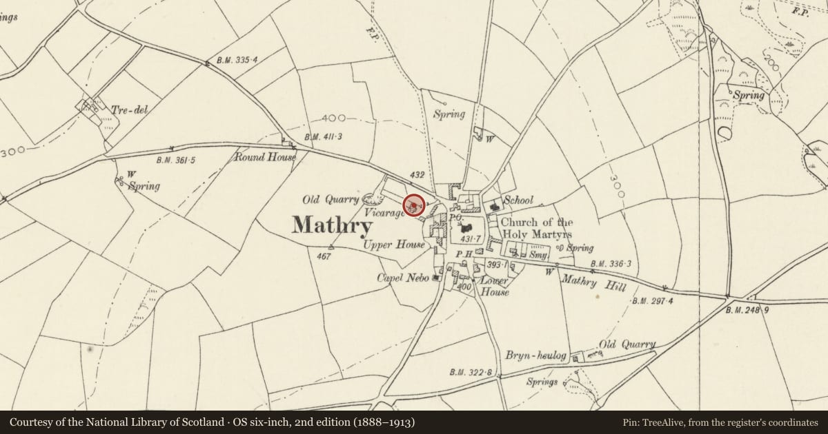 Ordnance Survey six-inch map, 2nd edition (1888–1913) covering the location of High Roost, Mathry, Pembrokeshire, with a pin at the register's coordinates