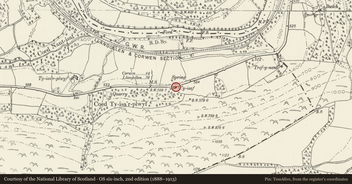 Ordnance Survey six-inch map, 2nd edition (1888–1913) covering the location of Y Bwythyn, Corwen, Denbighshire, with a pin at the register's coordinates