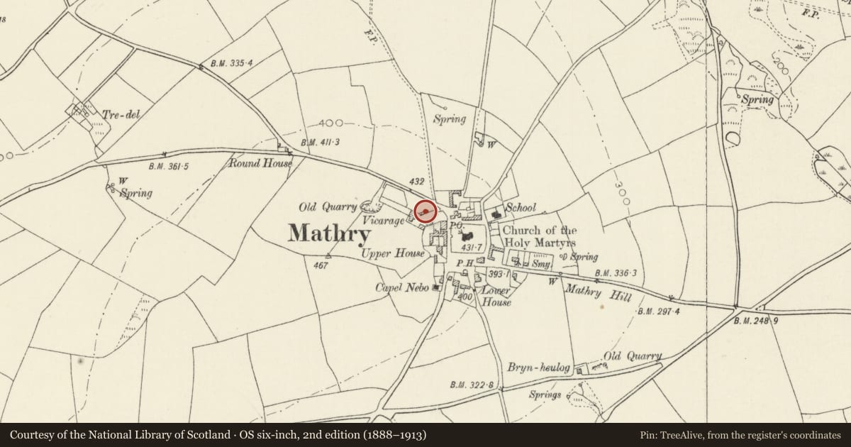 Ordnance Survey six-inch map, 2nd edition (1888–1913) covering the location of Outbuilding to E.of High Roost, Mathry, Pembrokeshire, with a pin at the register's coordinates