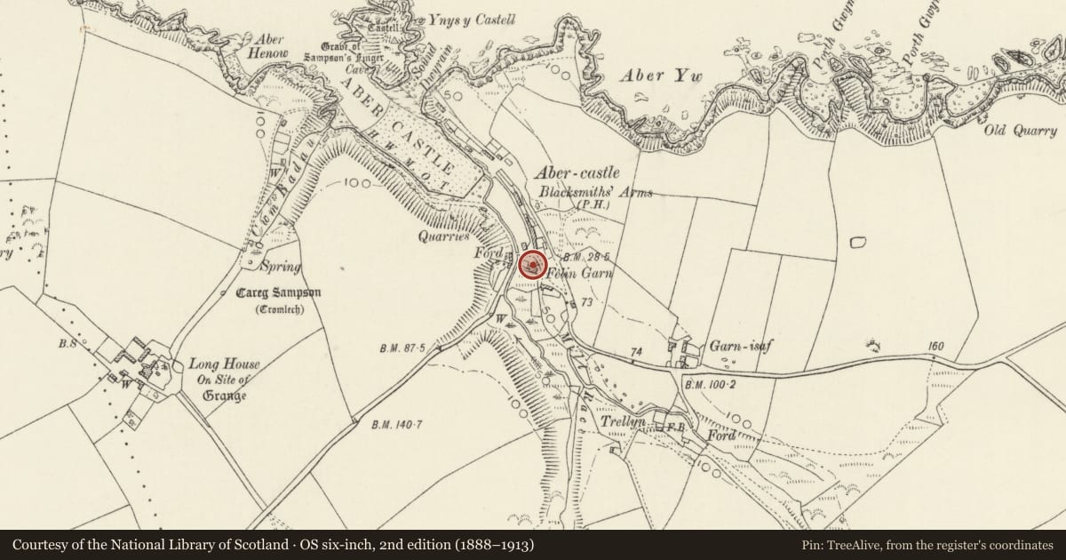 Ordnance Survey six-inch map, 2nd edition (1888–1913) covering the location of Abercastle Mill/Felin Abercastell, Mathry, Pembrokeshire, with a pin at the register's coordinates
