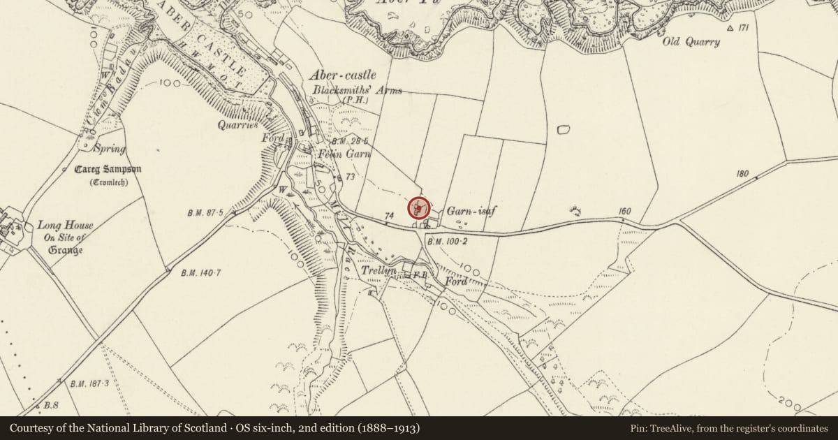 Ordnance Survey six-inch map, 2nd edition (1888–1913) covering the location of Outbuilding to NW of Y Garn, Mathry, Pembrokeshire, with a pin at the register's coordinates