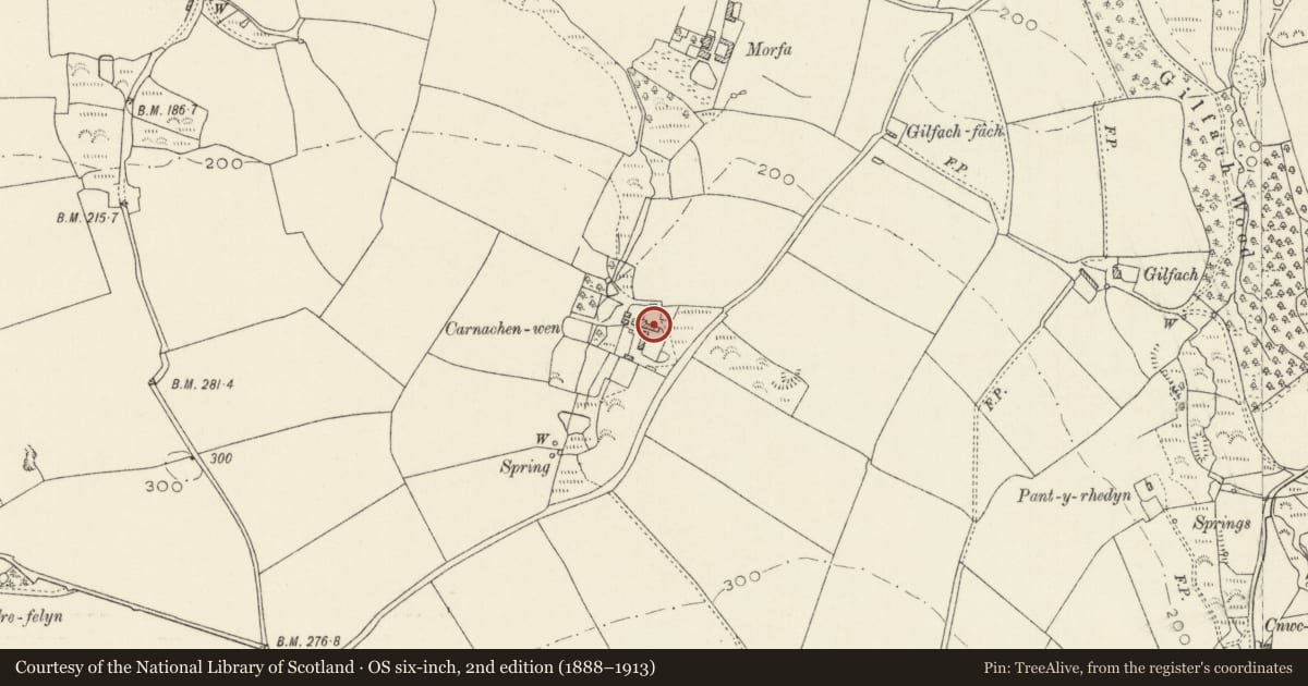 Ordnance Survey six-inch map, 2nd edition (1888–1913) covering the location of Row of outbuildings attached to E.of Carnachenwen, Mathry, Pembrokeshire, with a pin at the register's coordinates