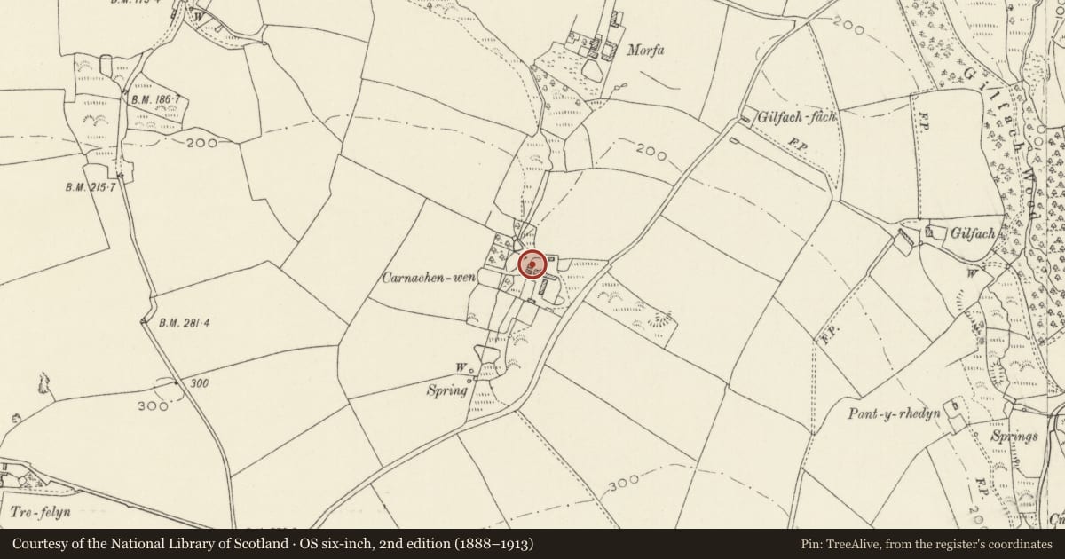 Ordnance Survey six-inch map, 2nd edition (1888–1913) covering the location of Outbuilding to NW.of House at Carnachenwen, Mathry, Pembrokeshire, with a pin at the register's coordinates
