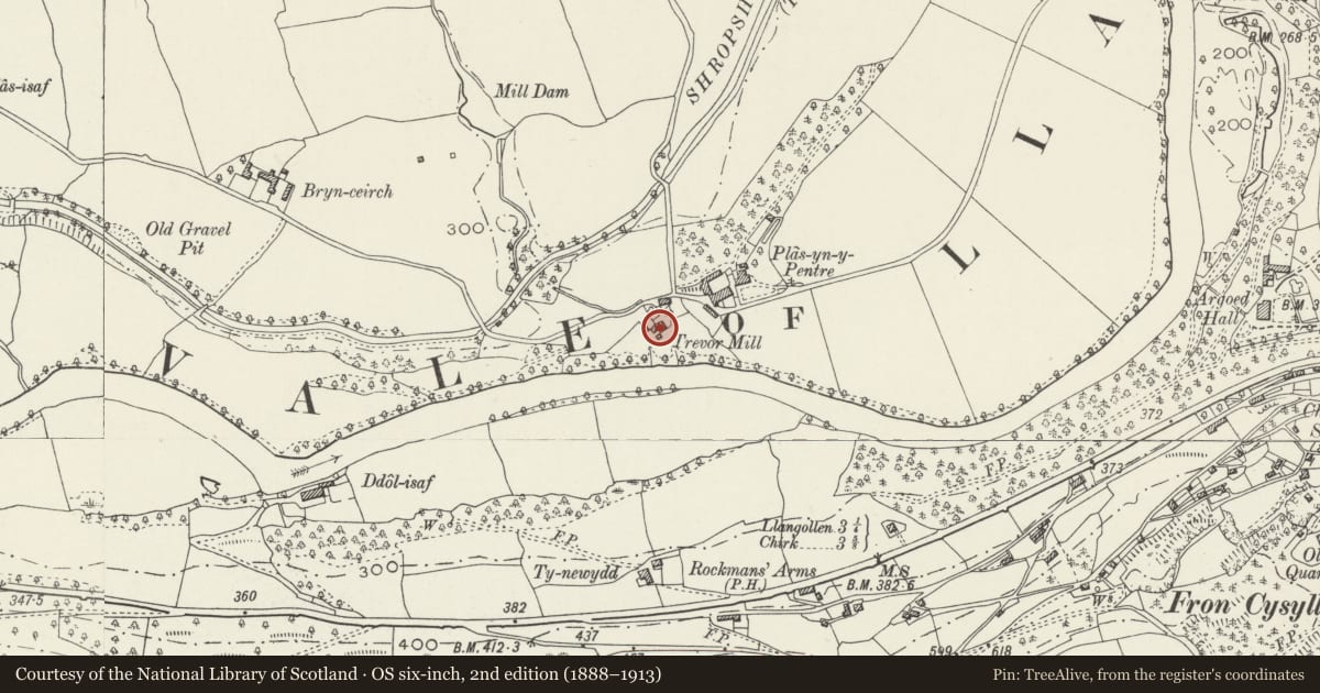 Ordnance Survey six-inch map, 2nd edition (1888–1913) covering the location of Trevor Old Mill, Llangollen, Denbighshire, with a pin at the register's coordinates
