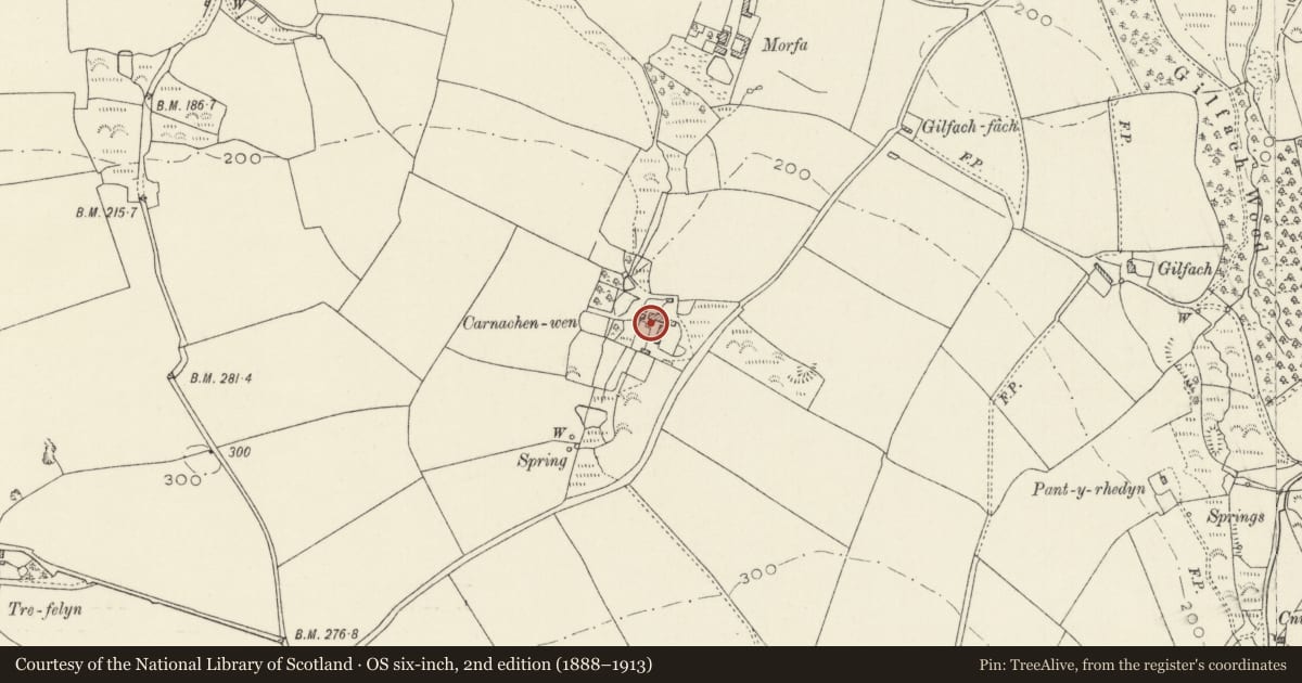 Ordnance Survey six-inch map, 2nd edition (1888–1913) covering the location of Small Outbuildings to SW.of Carnachenwen Farmhouse, Mathry, Pembrokeshire, with a pin at the register's coordinates