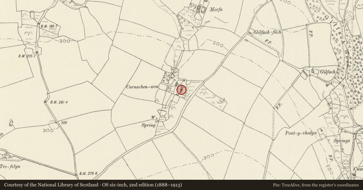 Ordnance Survey six-inch map, 2nd edition (1888–1913) covering the location of Long Barn to S.of Carnachenwen, Mathry, Pembrokeshire, with a pin at the register's coordinates