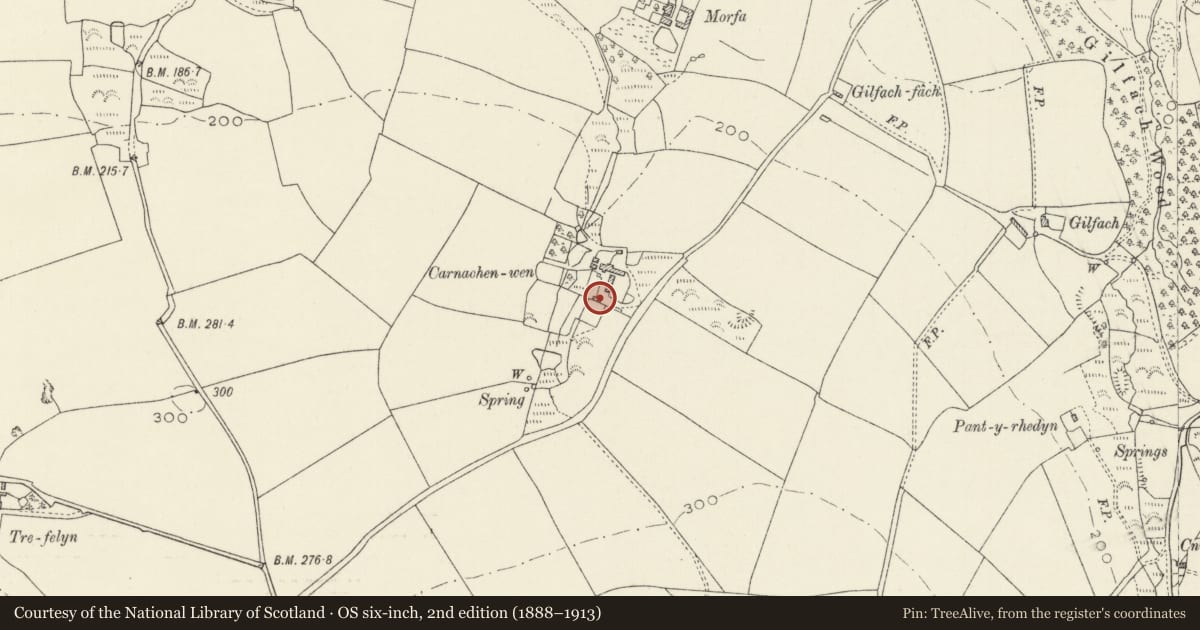 Ordnance Survey six-inch map, 2nd edition (1888–1913) covering the location of Cartshed at Entrance to S.of Carnachenwen, Mathry, Pembrokeshire, with a pin at the register's coordinates