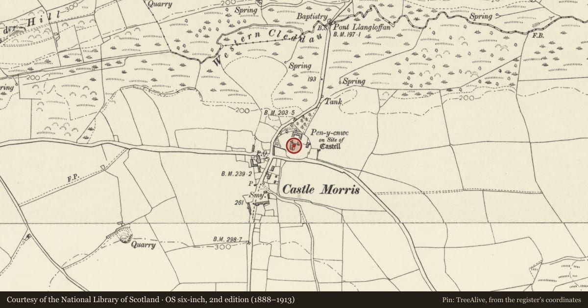 Ordnance Survey six-inch map, 2nd edition (1888–1913) covering the location of Pencnwc, Mathry, Pembrokeshire, with a pin at the register's coordinates