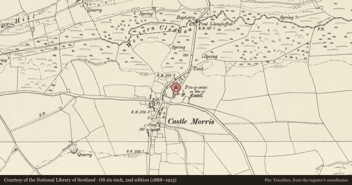 Ordnance Survey six-inch map, 2nd edition (1888–1913) covering the location of Former Mill in Outbuildings to N.of Pencnwc, Mathry, Pembrokeshire, with a pin at the register's coordinates